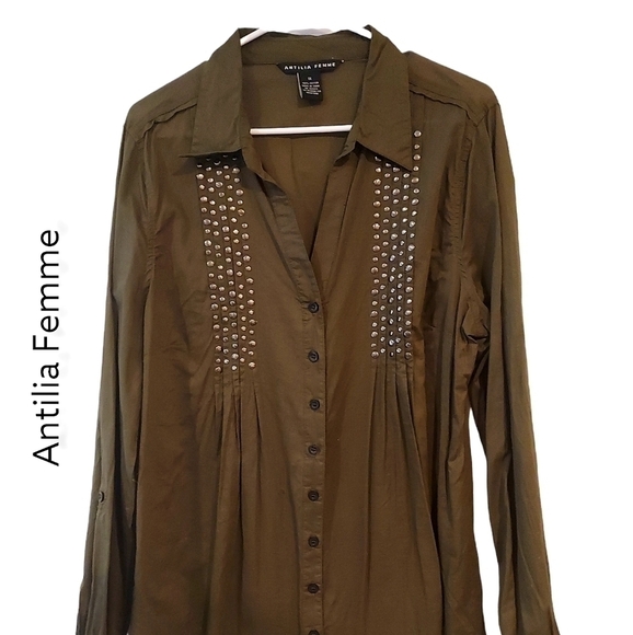 ANTILIA FEMME olive green LS lightweight button down shirt top sz 1X - Picture 2 of 11